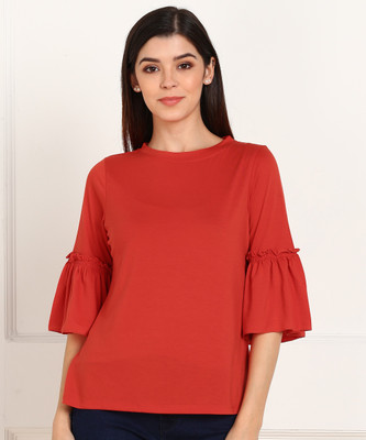 AND Casual Bell Sleeve Solid Women Red Top