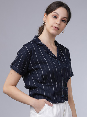Tokyo Talkies Casual Half Sleeve Striped Women Dark Blue, White Top