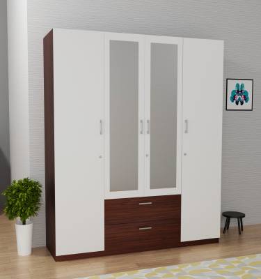 Barewether Engineered Wood 4 Door Wardrobe  (Finish Color - Walnut with White, Mirror Included, Knock Down)