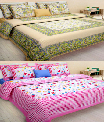 Nisha Enterprises Cotton Double Flat 144 TC Printed Bedsheet(Pack of 2, Multicolor)