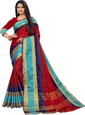 BHAKTI BHUSHAN CREATION Striped Bollywood Silk Blend, Satin Saree(Light Blue, Red, Gold, Blue)