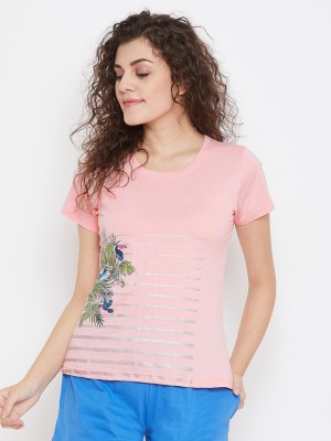 Clovia Floral Print Women Round Neck Pink T-Shirt