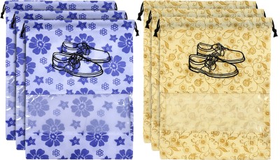 KUBER INDUSTRIES Designer Metalic Floral Design 6 Piece Non Woven Travel Shoe Organizer Space Saving Fabric Storage Bags Organizer, Royal Blue & Brown-KUBMART1076 KUBMART01076(Royal Blue & Brown)