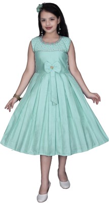 High Fame Girls Calf Length Party Dress(Light Green, Sleeveless)