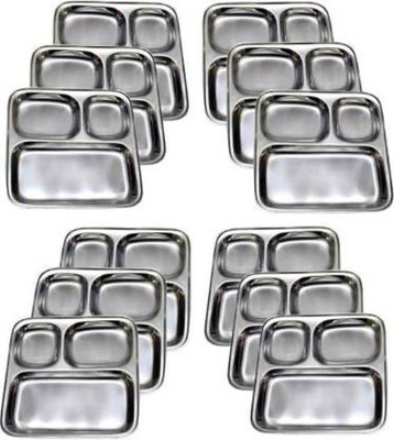 Kitchen Kcreation Stainless Steel 3 in 1 Pav Bhaji Plate - Idli Shambar Serving Plate, Three Compartment Dinner Plate Sectioned Plate(12 Sectioned Plate)