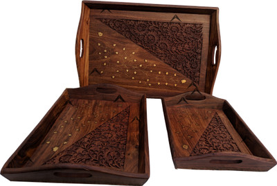 ASF COLLECTION Handcrafted Sheesham Wood with Brass Work Serving Tray-Set of 3 Tray (3 Tray) Tray(3 Tray)