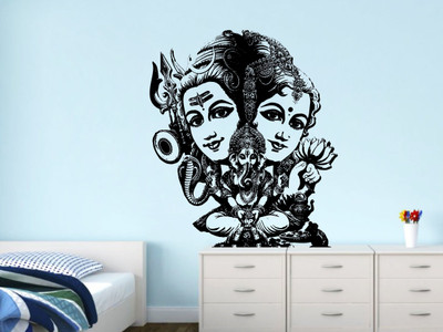 DivineDesigns 53 cm Shiv Parvati Ganesh Ji Wall Sticker Self Adhesive Sticker(Pack of 1)