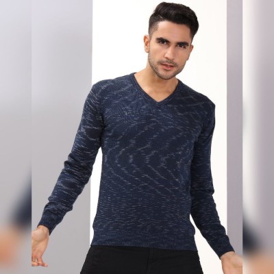 WROGN Checkered V Neck Casual Men Blue, Grey Sweater