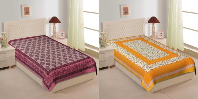 TANIKA 140 TC Cotton Single Printed Flat Bedsheet(Pack of 2, Pink, Yellow)