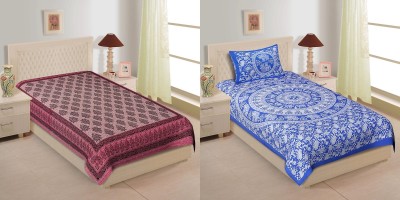 TANIKA 140 TC Cotton Single Jaipuri Prints Flat Bedsheet(Pack of 2, Pink, Blue)