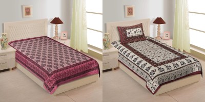 TANIKA 140 TC Cotton Single Printed Flat Bedsheet(Pack of 2, Pink, Maroon)