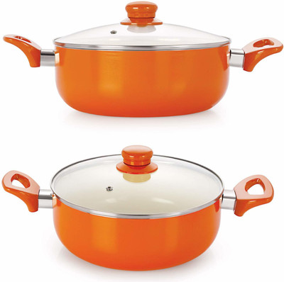 NIRLON Induction Base Aluminium Cookware Set, 2-Pieces, Orange Pack of 2 Cook and Serve Casserole Set(2.6 ml, 3.1 ml)