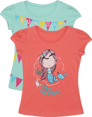 Plum Tree Girls Graphic Print Pure Cotton Regular T Shirt(Multicolor, Pack of 2)