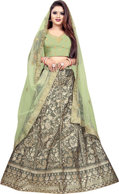 Hensi sarees shop Embroidered Semi Stitched Lehenga Choli(Light Green)