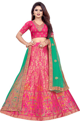Hensi sarees shop Embroidered, Self Design Semi Stitched Lehenga Choli(Pink, Green)