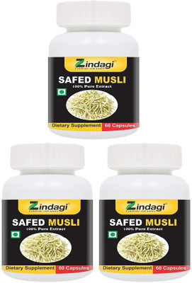 Zindagi Safed Musli Pure Extract Capsules| Improves Strength & Stamina|(3 x 60 Tablets)