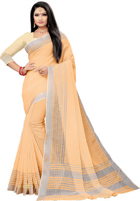 Guru Alankar Striped, Solid/Plain Bollywood Cotton Blend, Cotton Linen Saree(Orange)