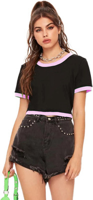 BASE 41 Solid Women Round Neck Black, Pink T-Shirt