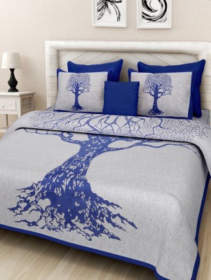 Cotton Bed Sheet Hub 144 TC Cotton Double Printed Flat Bedsheet(Pack of 1, Blue, White)