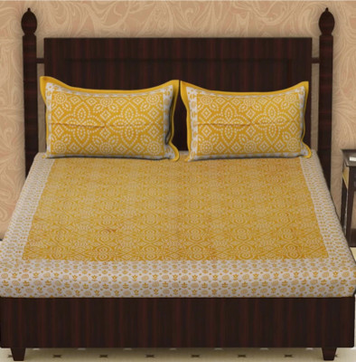 Jaipuriya Prints 144 TC Cotton Double Jaipuri Prints Flat Bedsheet(Pack of 1, Yellow)