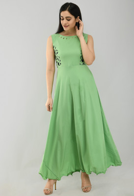 PREEGO Women Fit and Flare Light Green Maxi/Full Length Dress