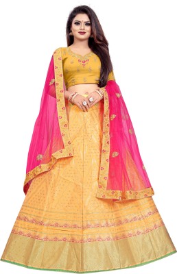 Hensi sarees shop Self Design Semi Stitched Lehenga & Crop Top(Pink, Gold)