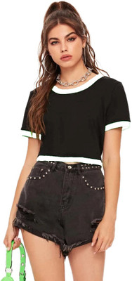 BASE 41 Solid Women Round Neck White, Black T-Shirt