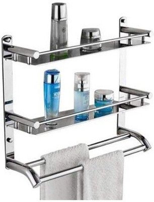 NEW WARE Stainless Steel Double Layer Shelf with Towel Road,Multipurpose Bath Shelf Organizer,Kitchen Shelf/Towel self/Bathroom Shelf and Rack/Bathroom Accessories 18 inch 2 Bar Towel Rod(Stainless Steel Pack of 1)