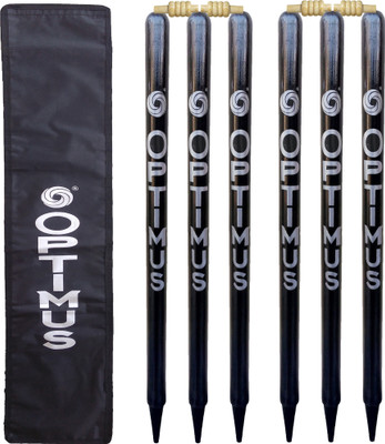 Optimus ® Cricket Wooden Stumps Wickets Full Size (Eucalyptus Wood)6 Pcs With Cover-Black(Black)