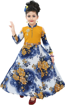 Chandrika Girls Maxi/Full Length Casual Dress(Yellow, 3/4 Sleeve)