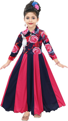 Chandrika Girls Maxi/Full Length Casual Dress(Pink, 3/4 Sleeve)