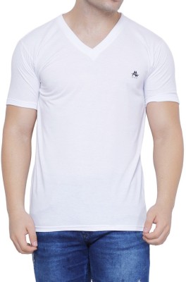 AD & AV Solid Men V Neck White T-Shirt