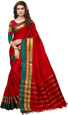 Ratnavati Color Block Daily Wear Cotton Silk Saree(Red)