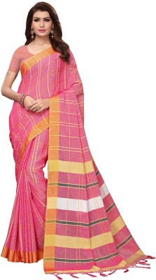 Ratnavati Checkered Chettinadu Cotton Blend, Cotton Linen Saree(Pink)