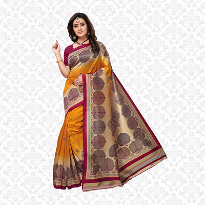 Divastri Printed Bandhani Art Silk Saree(Beige, Yellow)