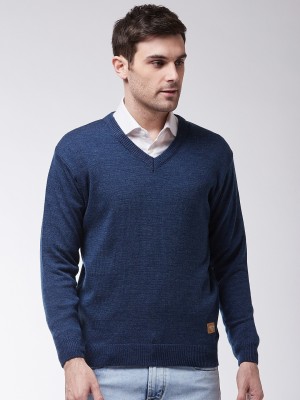 Sweven Solid V Neck Casual Men Dark Blue Sweater