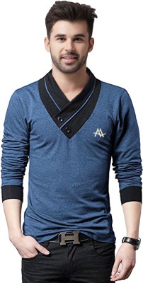 AD & AV Self Design Men V Neck Blue T-Shirt