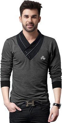 AD & AV Self Design Men V Neck Grey T-Shirt