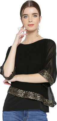 Cottinfab Casual Regular Sleeve Embellished Women Black Top