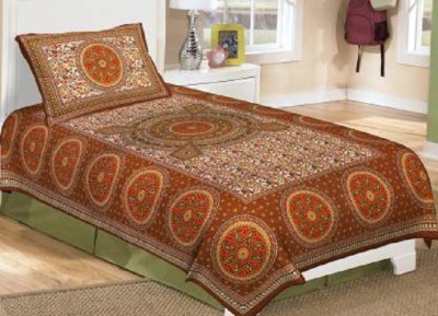 Traditional Collection 140 TC Cotton Single Jaipuri Prints Flat Bedsheet(Pack of 1, Brown)