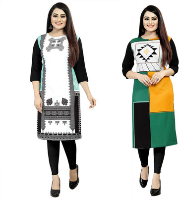 tanvi creation Women Printed Straight Kurta(White, Green, Black, Yellow)