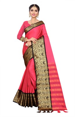 SVB Sarees Woven Banarasi Art Silk, Cotton Silk Saree(Pink, Black)