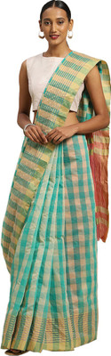 Samai Checkered Daily Wear Art Silk Saree(Green, Beige)