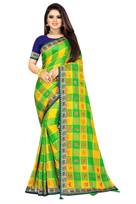 monoria Checkered Bollywood Silk Blend Saree(Yellow)