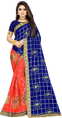 PRYAG SAREES Embroidered Patola Silk Blend Saree(Red, Blue)