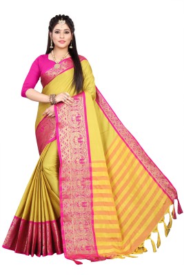 SVB Sarees Woven Banarasi Art Silk, Cotton Silk Saree(Pink, Yellow)