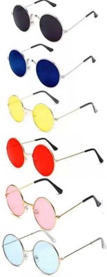SUNBEE Round Sunglasses(For Men & Women, Red, Blue, Pink, Blue, Yellow, Black)