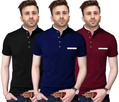 FastColors Solid Men Mandarin Collar Blue, Maroon, Black T-Shirt(Pack of 3)