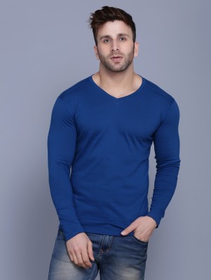 Tees Collection Solid Men V Neck Blue T-Shirt