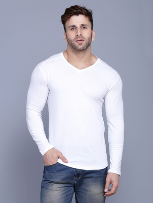 Menkovy Solid Men V Neck White T-Shirt